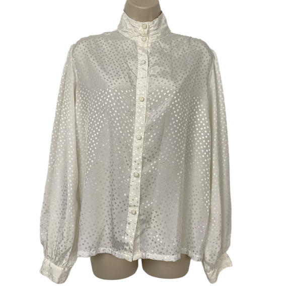 Vintage Helen Fabrikant Blouse Womens 12 White Satin Polka Dot Button Up Top - Picture 1 of 12